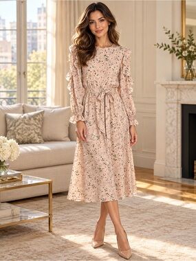 Front Row by Sara & Goldy Blush Floral Ruffle Midi Dress Size L